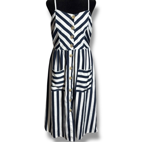 Style House Dresses & Skirts - Style House Navy/White Stripe Sleeveless Button Down Front Midi Dress w/ Pockets